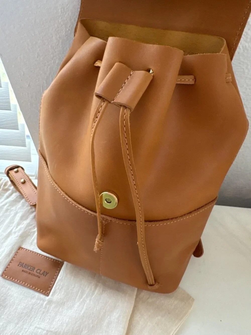 Abby Drawstring Backpack Parker Clay Rust Brown Leather Adjustable Straps Made I